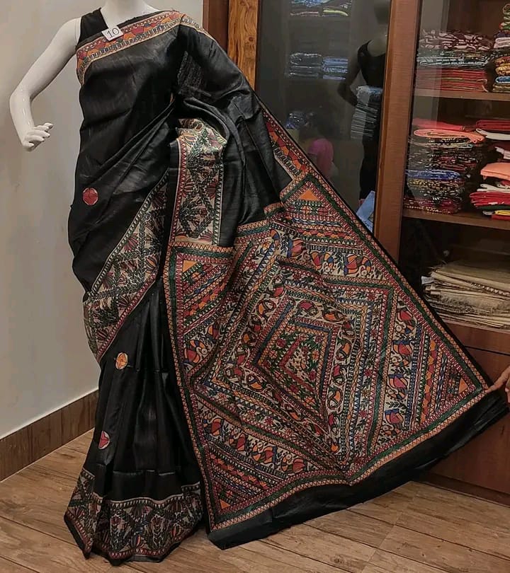 Pure Tassor Madhubani Ghicha selling Saree With Modhubani Print With Blouse Piece Blended Tassor Over Madhubani Work Saree With Blouse