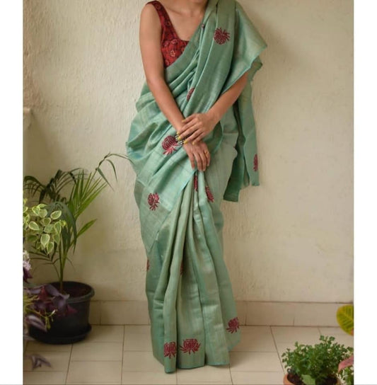 Pure Tussar Silk Saree With Beautiful Embroidery Work Saree TSE75