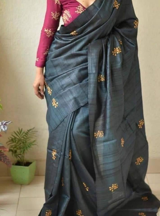 Pure Tussar Silk Saree With Beautiful Embroidery Work Saree TSE77