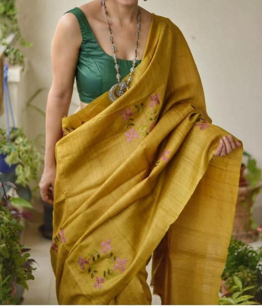 Pure Tussar Silk Saree With Beautiful Embroidery Work Saree TSE86