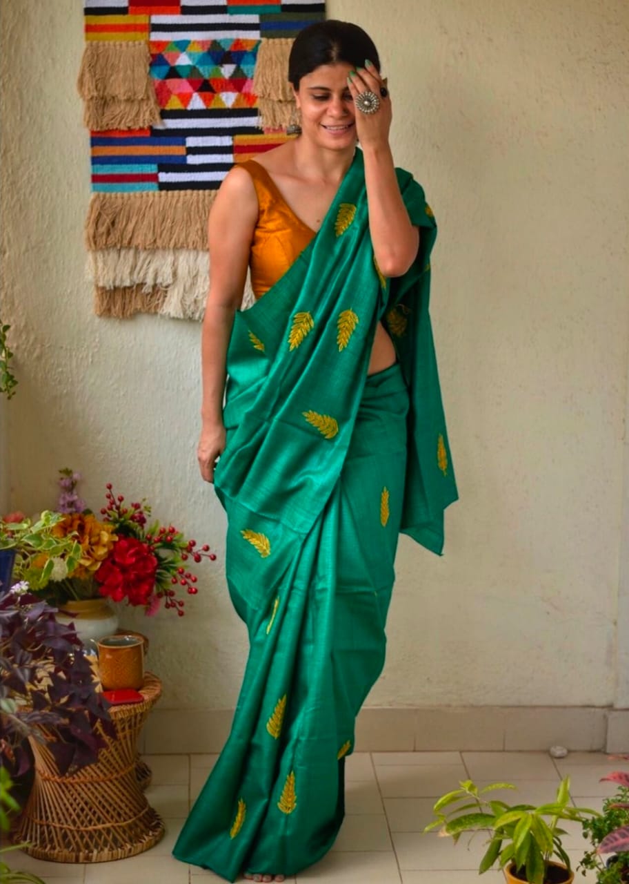 Pure Tussar Silk Saree With Beautiful Embroidery Work Saree TSE89