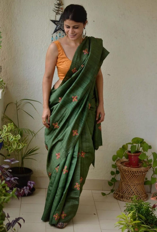 Pure Tussar Silk Saree With Beautiful Embroidery Work Saree TSE91