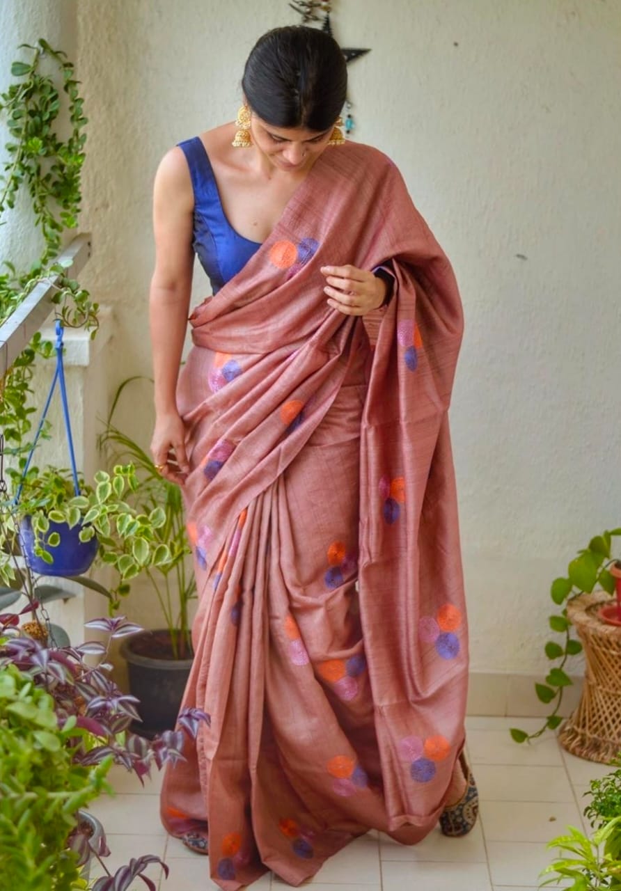 Pure Tussar Silk Saree With Beautiful Embroidery Work Saree TSE93