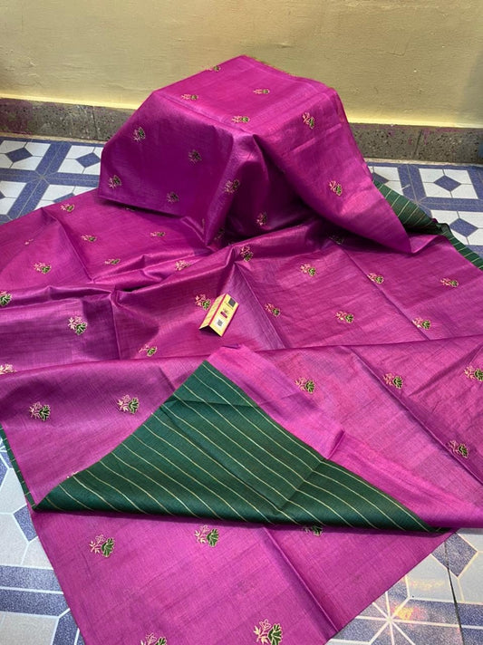 Pure Tussar Silk Saree With Beautiful Embroidery Work TSE17