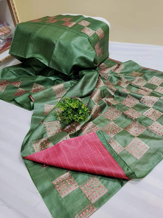 Pure Tussar Silk Saree With Beautiful Embroidery Work TSE20