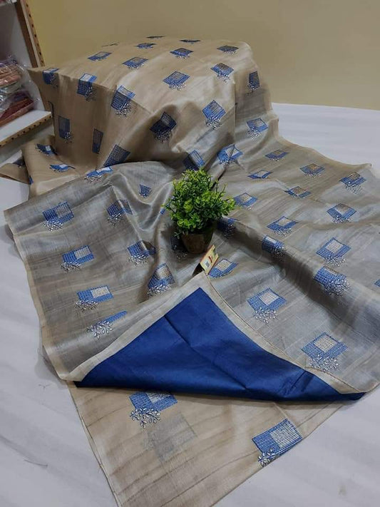 Pure Tussar Silk Saree With Beautiful Embroidery Work TSE21