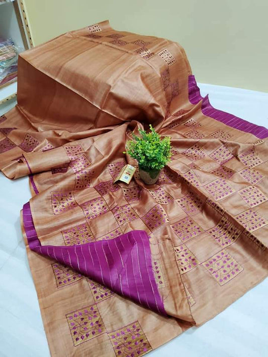 Pure Tussar Silk Saree With Beautiful Embroidery Work TSE23