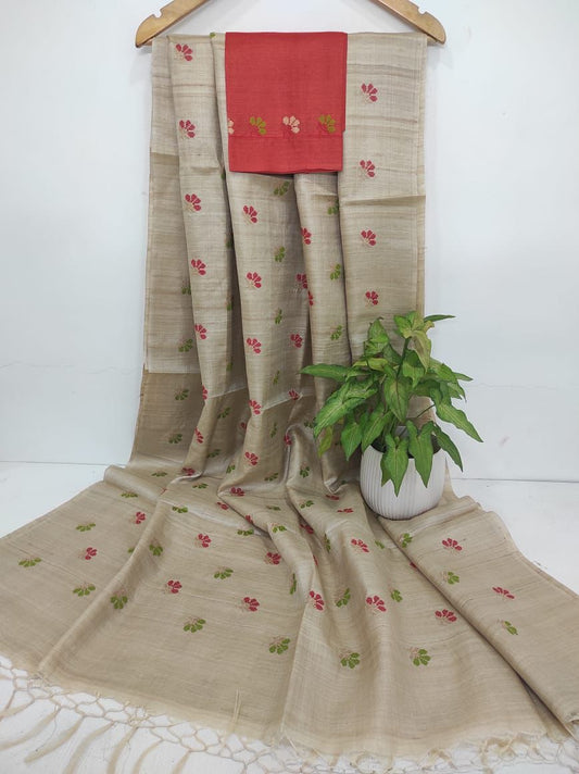 Pure Tussar Silk Saree With Beautiful Embroidery Work TSE26