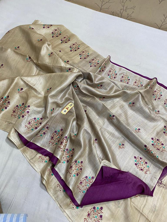 Pure Tussar Silk Saree With Beautiful Embroidery Work Saree TSE52