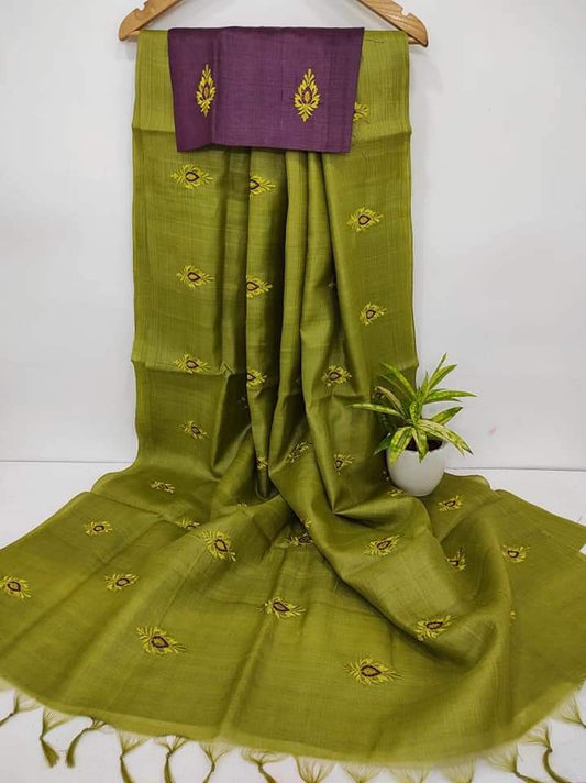 Pure Tussar Silk Saree With Beautiful Embroidery Work Saree TSE70