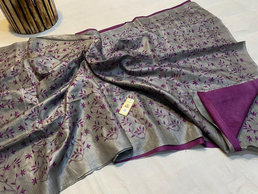 Pure Tussar Silk Saree With Beautiful Embroidery Work Saree TSE55