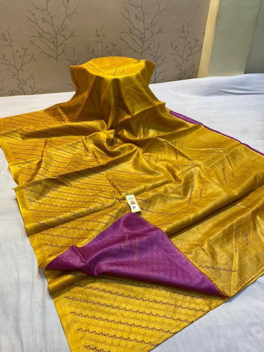 Pure Tussar Silk Saree With Beautiful Embroidery Work Saree TSE59