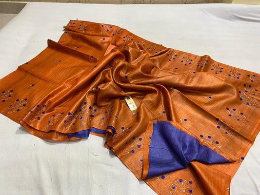 Pure Tussar Silk Saree With Beautiful Embroidery Work Saree TSE51