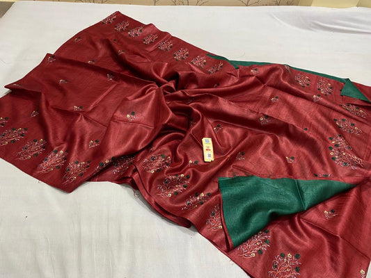 Pure Tussar Silk Saree With Beautiful Embroidery Work Saree TSE47