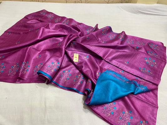 Pure Tussar Silk Saree With Beautiful Embroidery Work Saree TSE46