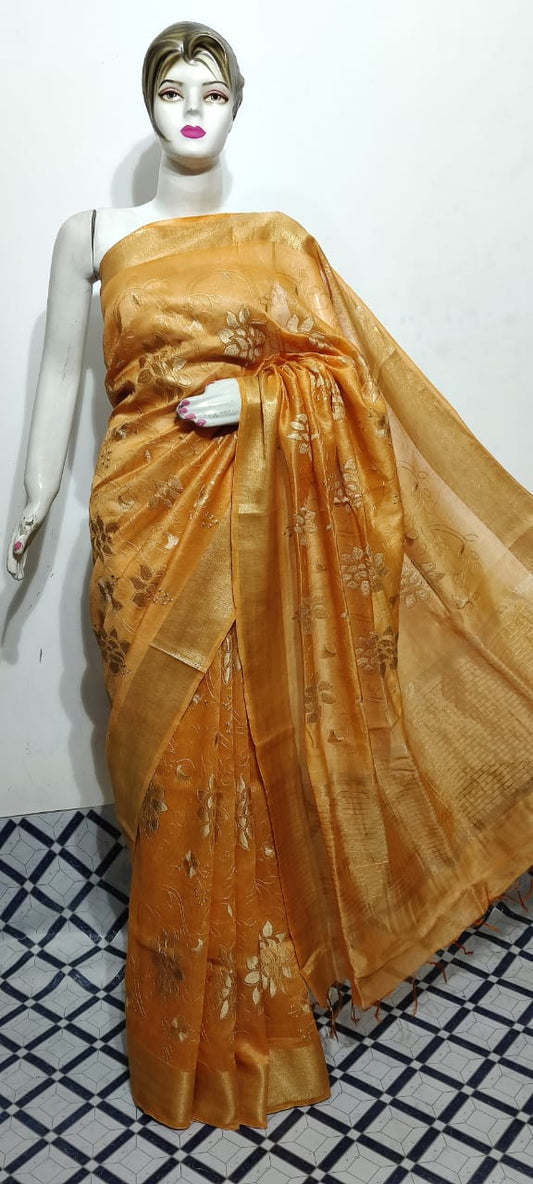 Pure Silk Linen Saree With Beautiful Embroidery Work Saree SLS07