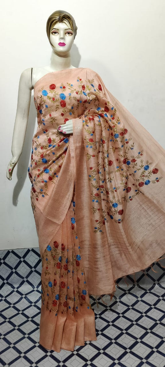 Pure Silk Linen Saree With Beautiful Embroidery Work Saree SLS09