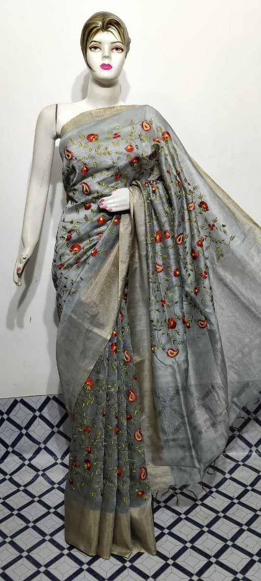 Pure Silk Linen Saree With Beautiful Embroidery Work Saree SLS15