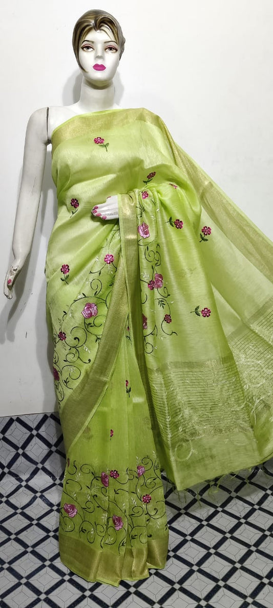 Pure Silk Linen Saree With Beautiful Embroidery Work Saree SLS16