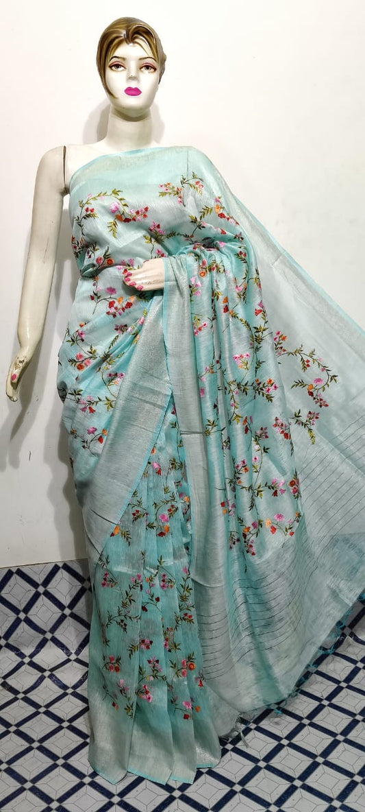 Pure Silk Linen Saree With Beautiful Embroidery Work Saree SLS17