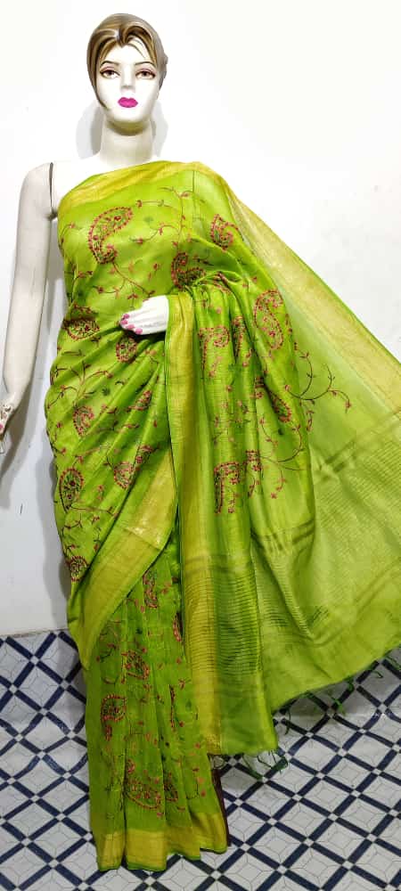 Pure Silk Linen Saree With Beautiful Embroidery Work Saree SLS21