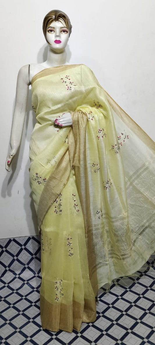 Pure Silk Linen Saree With Beautiful Embroidery Work Saree SLS25