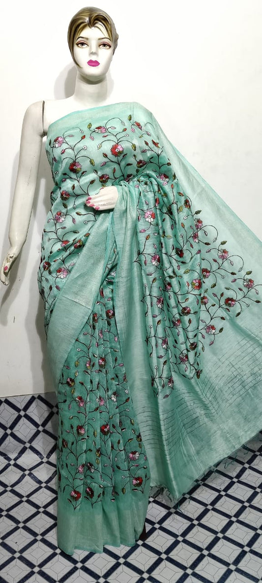 Pure Silk Linen Saree With Beautiful Embroidery Work Saree SLS26