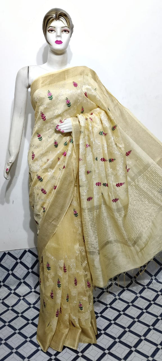 Pure Silk Linen Saree With Beautiful Embroidery Work Saree SLS27