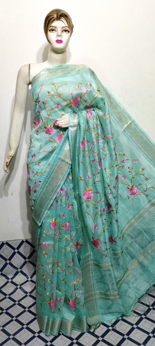 Pure Silk Linen Saree With Beautiful Embroidery Work Saree SLS28