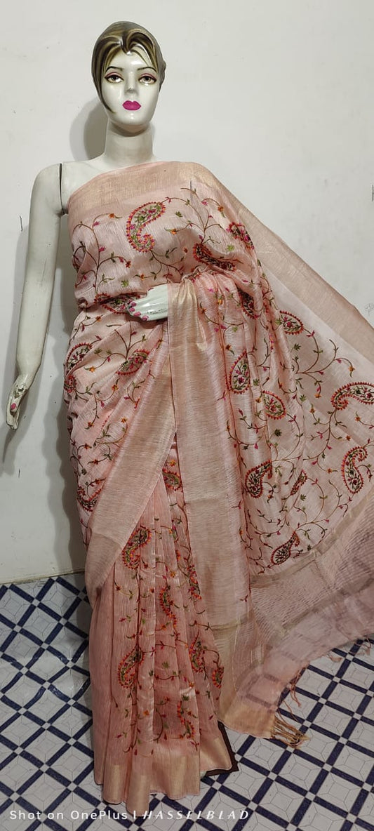 Pure Silk Linen Saree With Beautiful Embroidery Work Saree SLS30