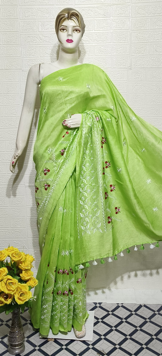 Pure Silk Linen Saree With Beautiful Embroidery Work Saree SLS34