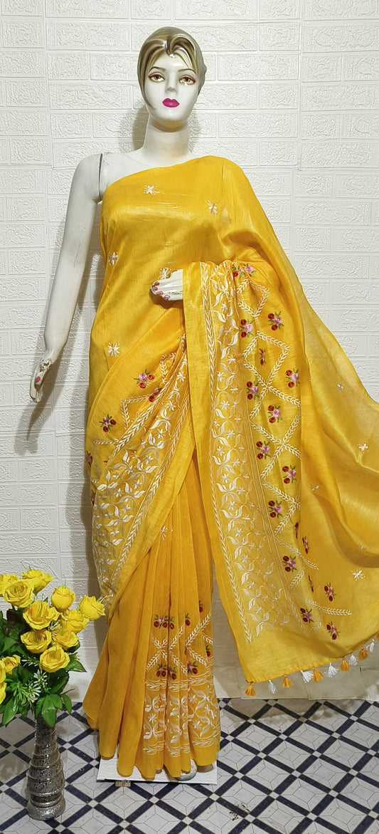 Pure Silk Linen Saree With Beautiful Embroidery Work Saree SLS36