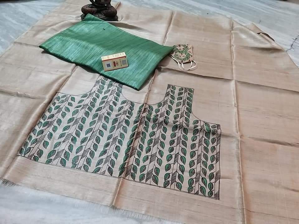 Pure Tussar Ghicha Silk Saree With Beautiful Hand Madhubani Printed Blouse GMB14